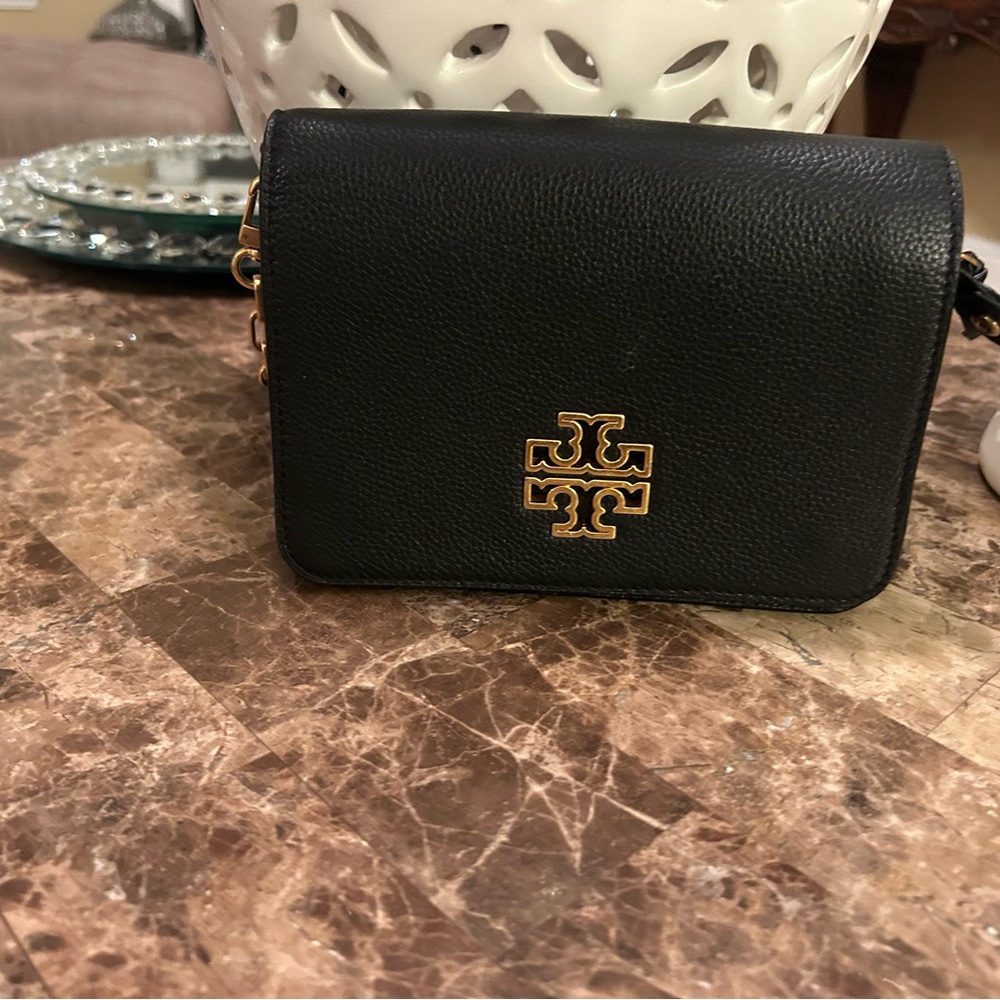 Tory Burch Black Leather Crossbody Bag with Gold Logo